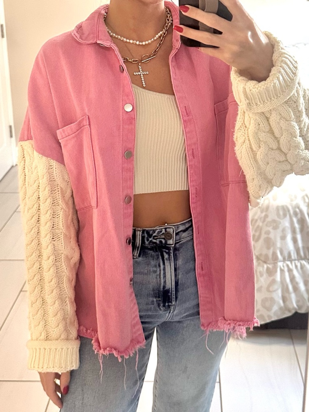 POL Boutique Shacket Medium Pink Button-Up Jacket with Cream Cable Knit Sleeves